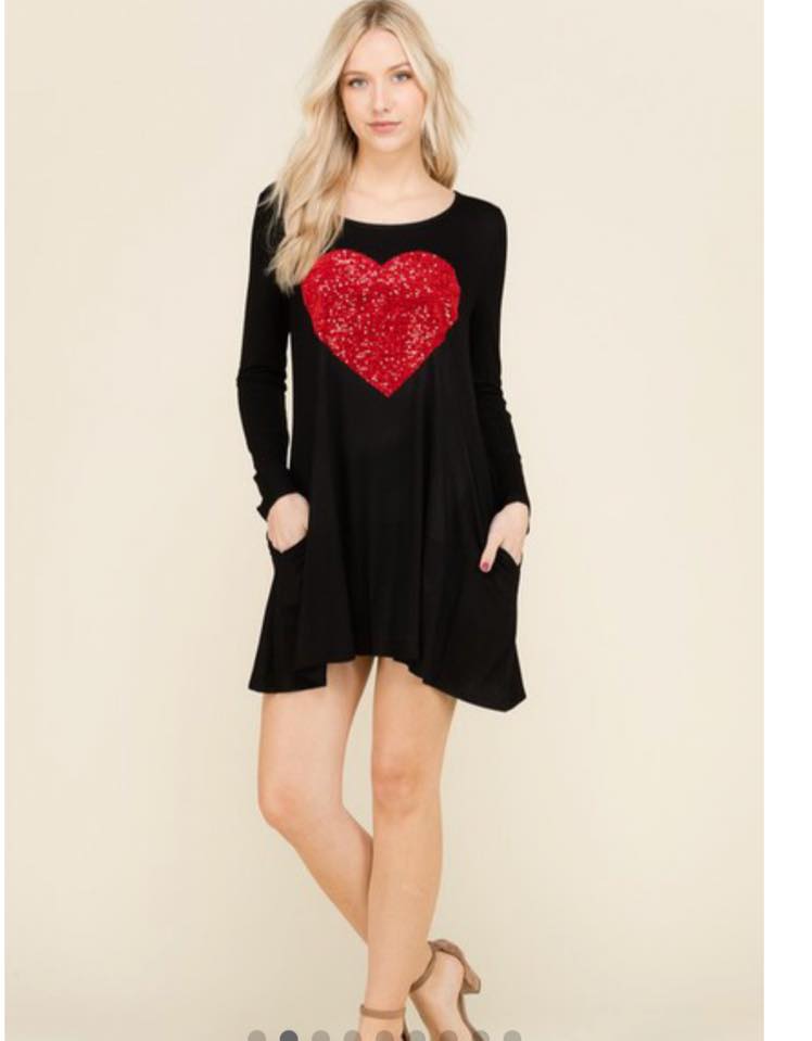 Valentines Day Dress Black Long Sleeve Swing Dress With Red Sequin Heart With Pockets