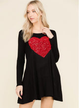 Valentines Day Dress Black Long Sleeve Swing Dress With Red Sequin Heart with Pockets