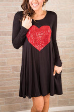 Valentines Day Dress Black Long Sleeve Swing Dress With Red Sequin Heart and pockets