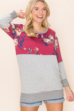 Long Sleeve Burgundy Floral & Gray, Stripe Accent Top