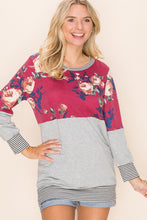 Long Sleeve Burgundy Floral & Gray, Stripe Accent Top