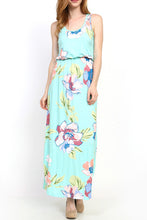 mint green and floral print pattern sleeveless long maxi. soft and flowy with cinched waist