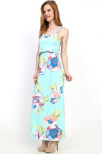 mint green and floral print pattern sleeveless long maxi. soft and flowy with cinched waist