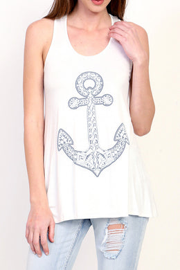 Textured embroidered feel anchor long tank top with pink or teal banded back racer back