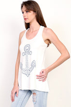 Textured embroidered feel anchor long tank top with pink or teal banded back racer back