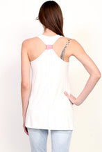 Textured embroidered feel anchor long tank top with pink or teal banded back racer back banded pink back view