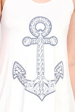 Textured embroidered feel anchor long tank top with pink or teal banded back racer back detailed anchor view