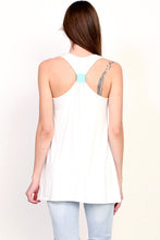 Textured embroidered feel anchor long tank top with pink or teal banded back racer back teal band view