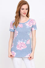 subtle blue and blush floral print shortsleeve top. soft and comfortable for all seasons