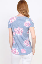 back view of subtle blue and blush floral print shortsleeve top. soft and comfortable for all seasons