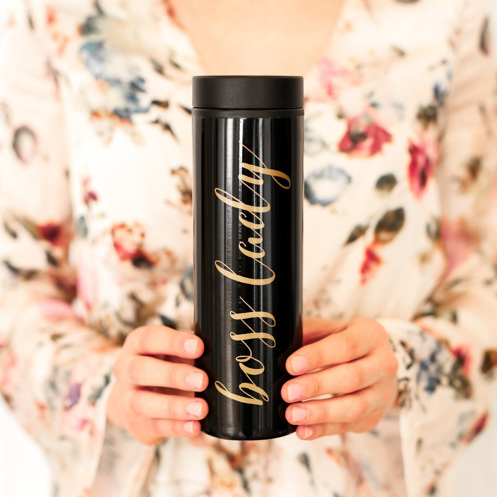 Black double walled to go coffee mug with glitter gold Boss Lady on the side