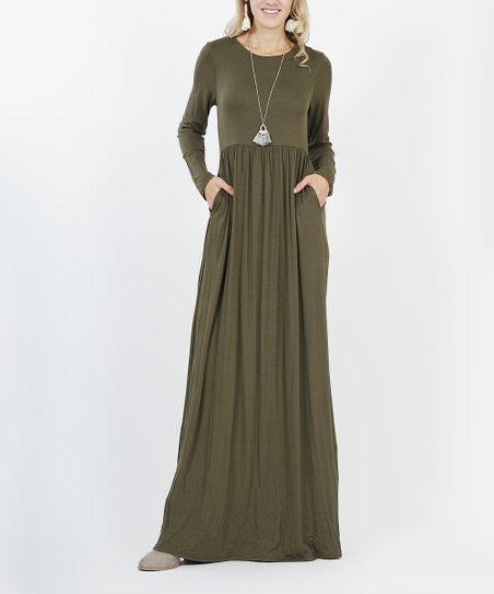 solid olive green long sleeve long maxi dress cinched at small of waist with pockets. soft, stretchy, and comfortably comfy material