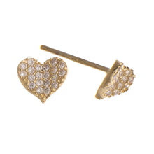 gold dipped and cubic zirconia sweetheart studs. Yellow gold rhinestone jeweled heart shapped stud earrings