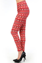 side view of full- length one size- Women's 0-14 and plus size- women's 14-20 mix print fair isle christmas print leggings are so soft, stretchy, lightweight, and have a 1" inch waistband. smooth fabric, 92% Nylon 8% spandex 