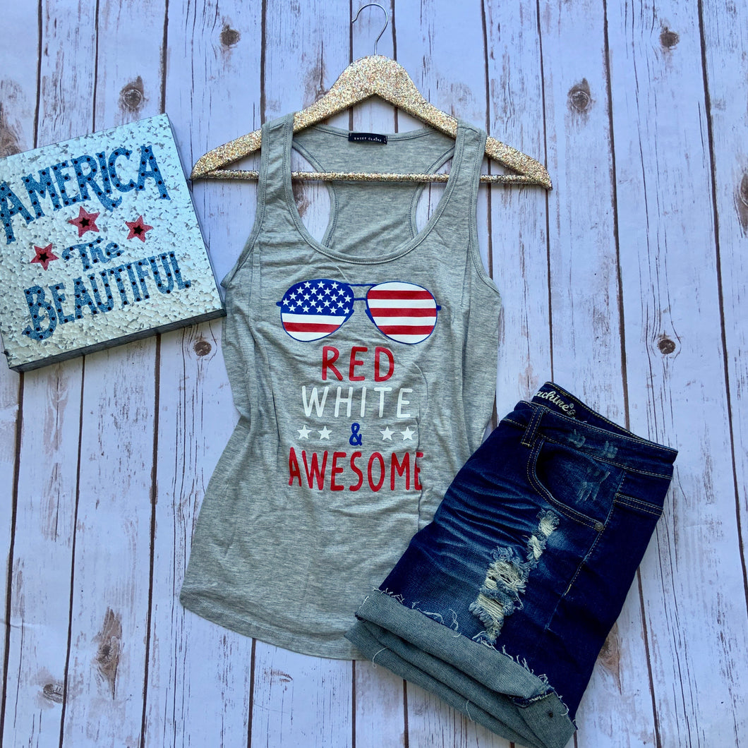 grey gray tank with american flag sunglass and red white & and awesome