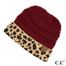 Solid Messy Bun Beanie with Leopard Cuff
