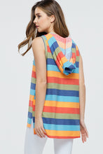 back view of multi color striped sleeveless hoodie with lace up tie neck. light weight soft material