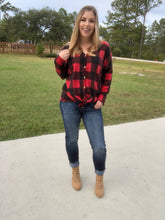 Buffalo Plaid Button Up, Tie Front Sweater