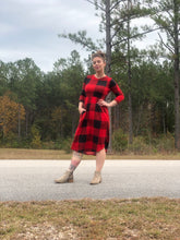3/4 quarter sleeve past the knee midi black and red buffalo check plaid cinched and the small of your waist with pockets 
