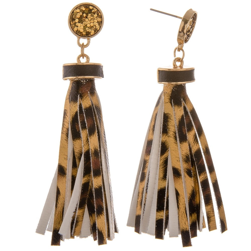 Faux Leather Leopard Print Tassel Earrings with Glitter Stud