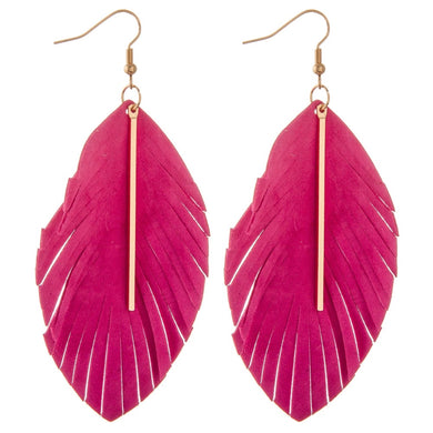 Hot Pinky Faux Suede Feather Gold Bar Earrings
