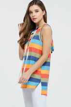 side view of multi color striped sleeveless hoodie with lace up tie neck. light weight soft material