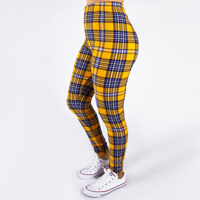 full- length one size- Women's 0-14 and plus size- women's 14-20 mix print mustard and grey gray plaid leggings are so soft, stretchy, lightweight, and have a 1