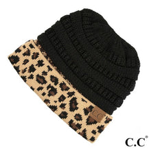Solid Messy Bun Beanie with Leopard Cuff