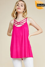 hot pink scoop neck tank top with criss cross spaghetti strap detailing