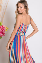 zoomed in back view of mulit-color stripe serape maxi with adjustable spaghetti strapes, smocked waist, and ruffle hem