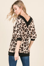 back view of leopard print sweater with thick black trim. V neck and V back with a slouchy and off the shoulder or regular neck.