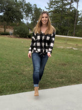 Buffalo Plaid Button Up, Tie Front Sweater