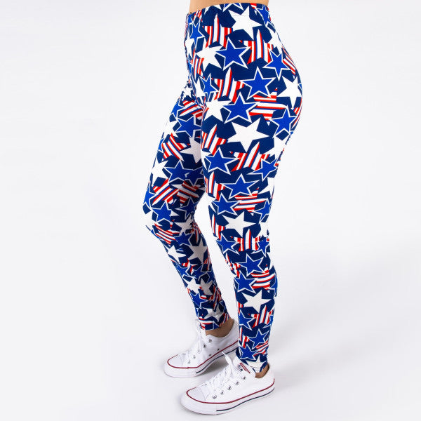 side view of full- length one size- Women's 0-14 and plus size- women's 14-20 mix print american flag and american flag star pring leggings are so soft, stretchy, lightweight, and have a 1