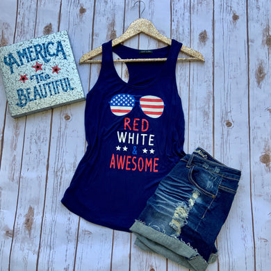 navy blue tank with american flag sunglass and red white & and awesome