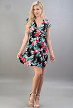 short sleeve short wrap dress with black, coral, and blue contrast floral print. ties in front or side and has pockets. super cute with wedges or a for a relazing summer bbq