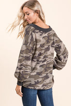 back view of slouchy V neck camo waffle fabric sweater with thick grey gray neck line and banded wrist sleeve contrast. good for on or off the shoulder