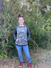 long sleeve camo camouflage with grey gray long sleeves. kangaroo pouch in front and elbow patches 