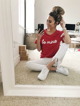 casual cute in Red varsity short sleeve be mine t-shirt with be mine in white contrast on front middle of tee. Red and white contrast