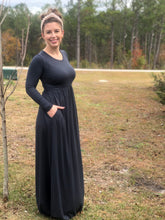 solid grey gray long sleeve long maxi dress with cinched small of waist and pockets. stretchy, comfortable, soft fabric