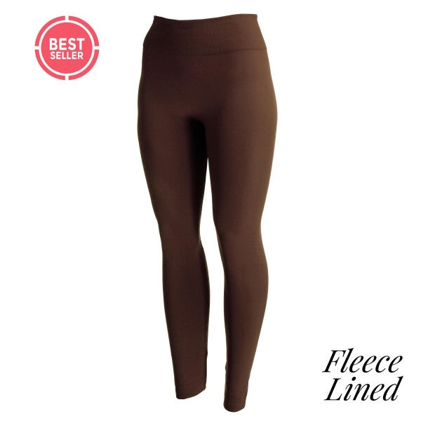 full- length one size- Women's 0-14 and plus size- women's 14-20 fleece lined chocolate brown leggings are so soft and stretchy. smooth fabric, 92% Nylon 8% spandex 