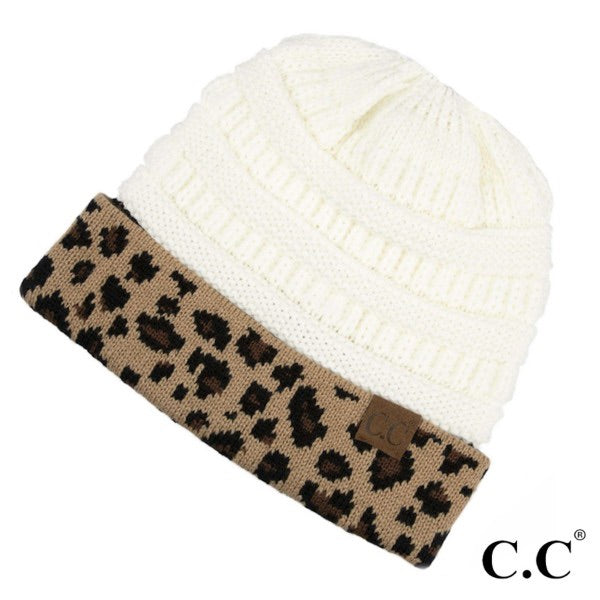 Solid C.C. Beanie with Leopard Cuff