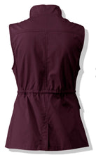wineberry sleeveless collared cargo vest with 4 front pockets, draw string at waist, and hood