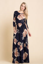 navy and blush floral print long sleeve long maxi dress with cinched waist and pockets