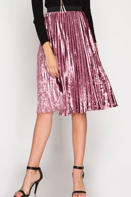 rose pink velvet pleated high waisted and knee length skirt with an elastic waistband 