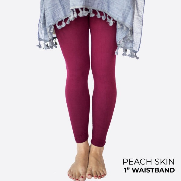 full- length one size- Women's 0-14 and plus size- women's 14-20 wine colored leggings are so soft, stretchy, lightweight, and have a 1