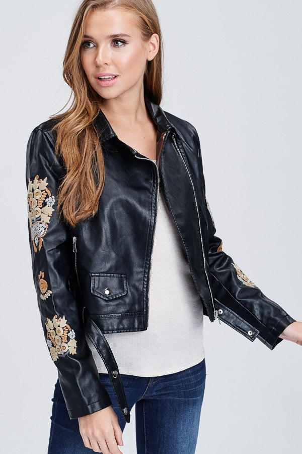 Floral Embroidered Faux Leather Jacket - Black Women's Size Medium