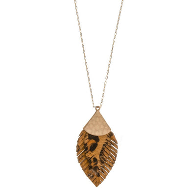 Long genuine leather leopard print pendant necklace