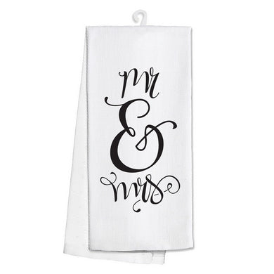 white dishtowel that reads Mr. & Mrs. in pretty font in the center