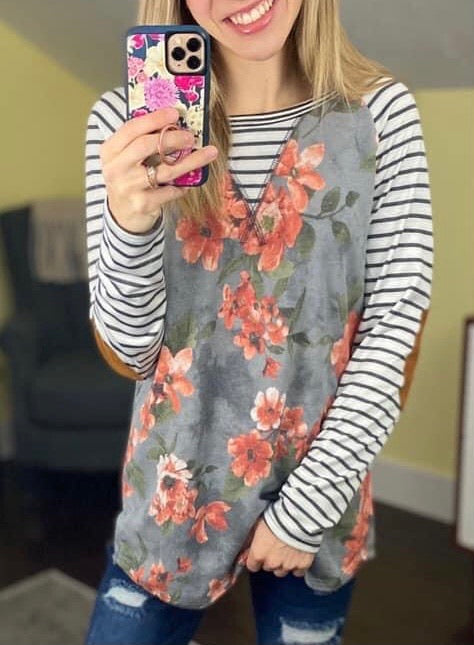 Gray Floral with Stripe Long Sleeve Elbow Patch