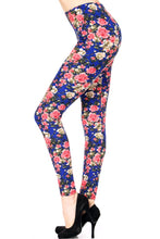 side view of full- length one size- Women's 0-14 and plus size- women's 14-20 mix print navy and floral leggings are so soft, stretchy, lightweight, and have a 1" inch waistband. smooth fabric, 92% Nylon 8% spandex 